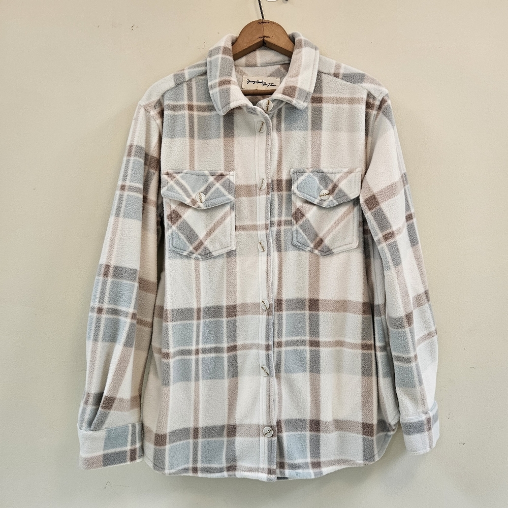 Young Hearts Run Free Button-Up Shacket Women Sz M Teal Tan Cream Plaid Cowgirl
